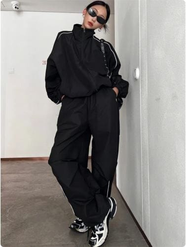 Y2K Cyber Outfit Sets Y2K Black Tracksuit